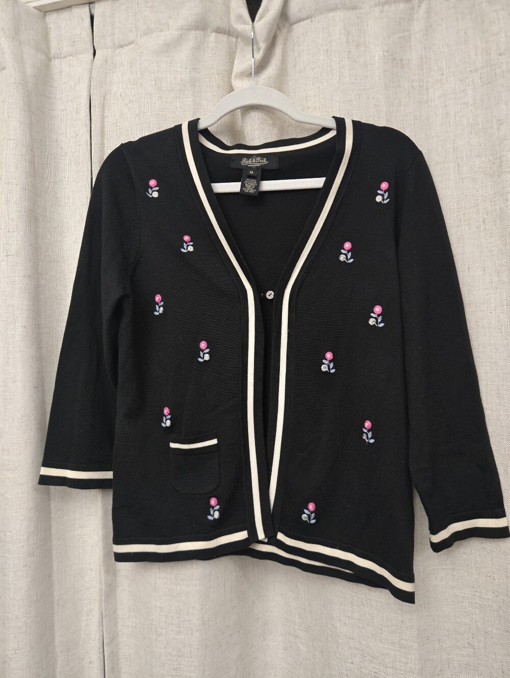 Peck & Peck Silk Blend Floral Embroidered Cardigan Black Women’s M Preppy